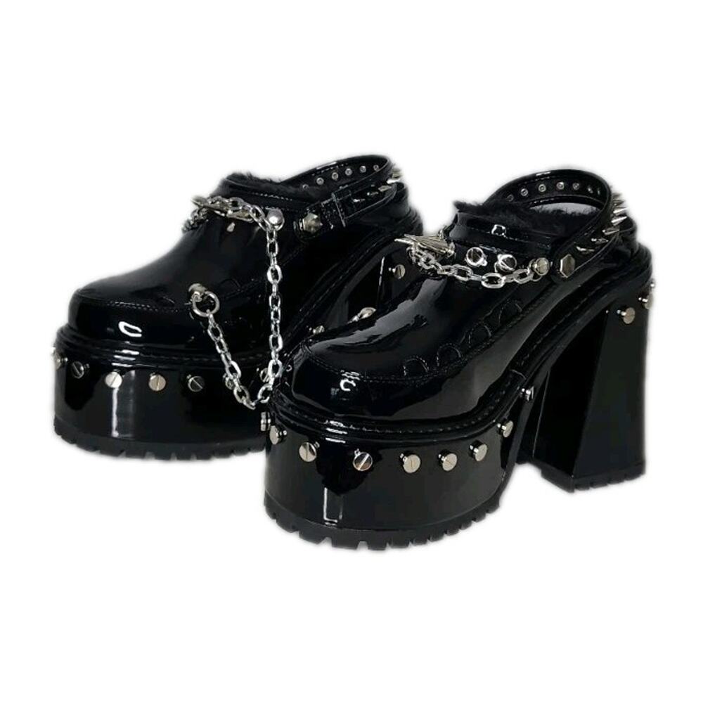 Widow Righteous Rebel Spike Platform Mules Vegan Patent Fur Trim Heels 9M